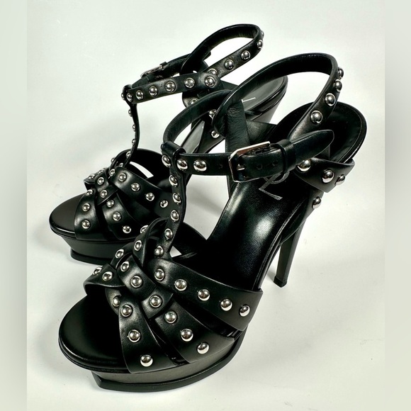 Yves Saint Laurent Black Leather Classic Tribute Studded T-strap Platform Sandal - Picture 3 of 16
